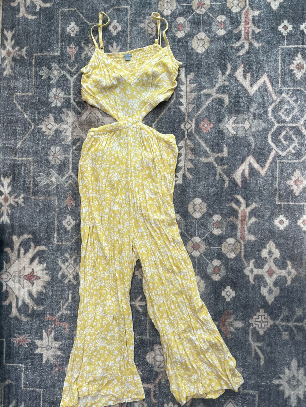 aerie Yellow Floral Smocked Jumpsuit